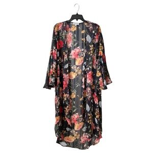 Grace & Lace Cardigan Kimono Women's Size L Black Floral Lightweight Open Boho
